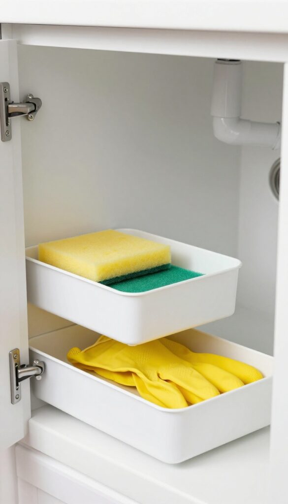 Slim drawer organizers under kitchen sink holding sponge, scrub pad, and gloves