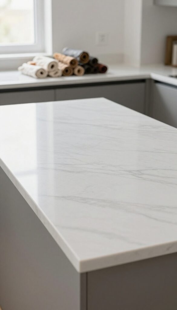 Empty kitchen countertop sparkling clean with natural light, items sorted into three piles in the background.