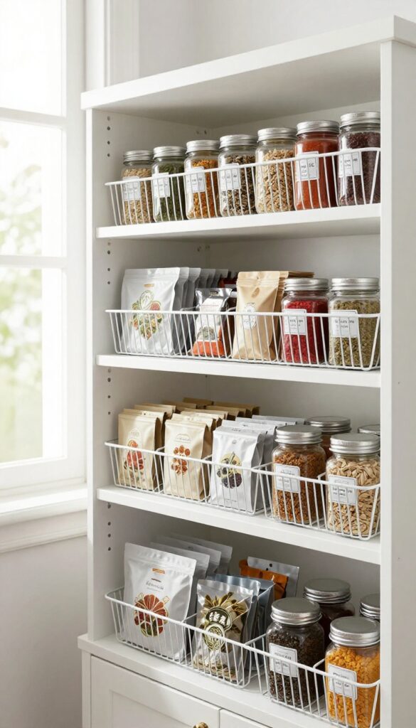 Under-shelf baskets on a pantry shelf holding spice jars and packets