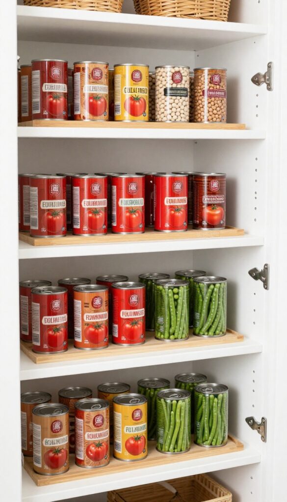 Tiered bamboo shelf risers in a bright pantry organize canned goods by color and type, creating a clean, layered display.