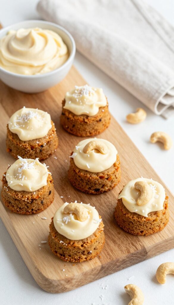 No-bake carrot cake bites with cashew frosting on a wooden board.