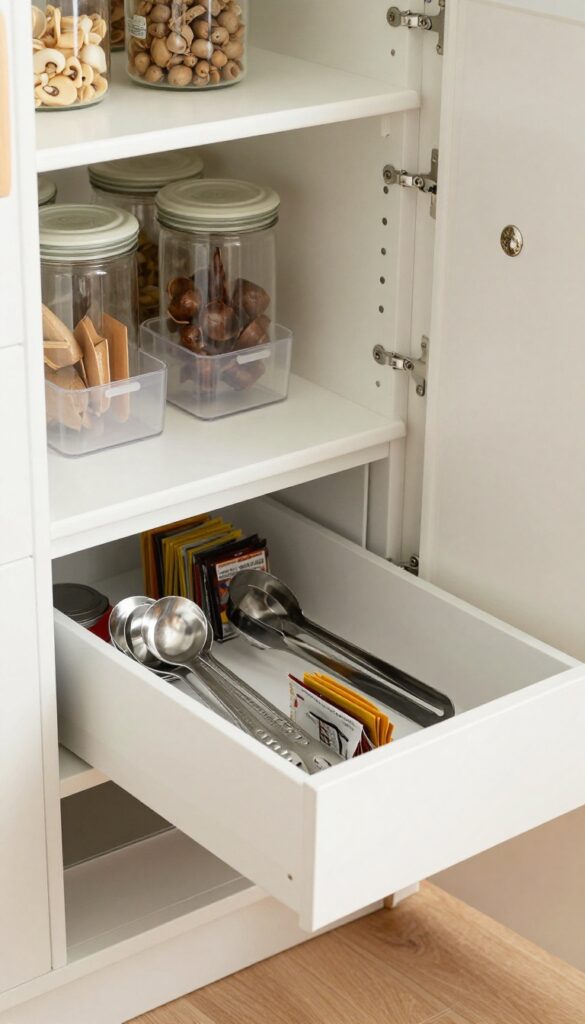 Pull-out drawer in pantry corner with organized utensils and packets