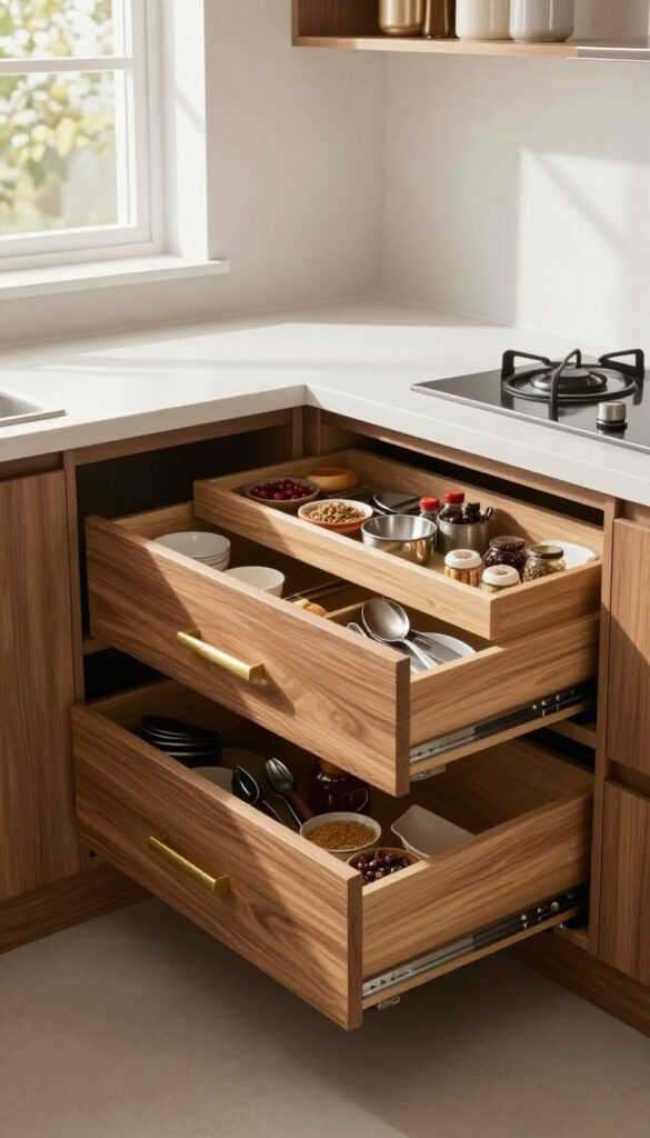 Modern kitchen corner with wide pull-out drawers and custom inserts for organized storage, warm wood tones, and brushed brass handles.
