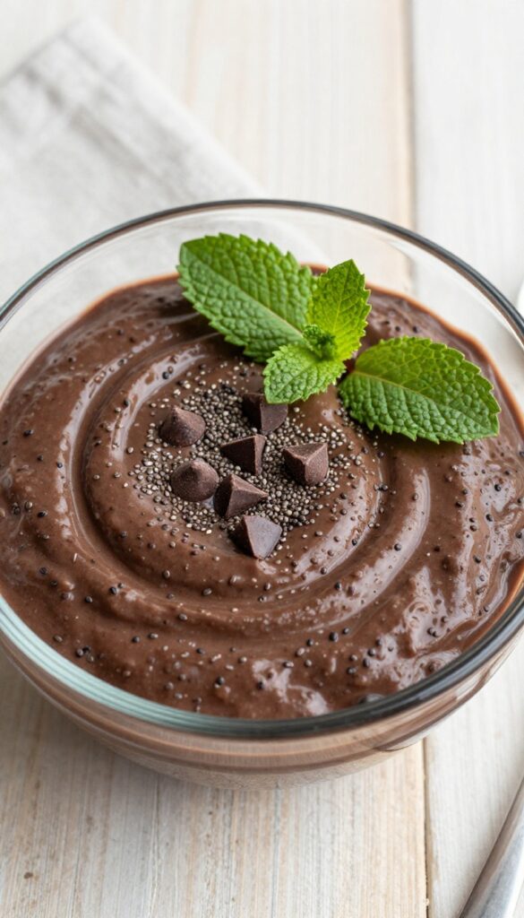 Peppermint chocolate chia pudding in a glass bowl topped with chocolate chips and a mint sprig on a wooden table.