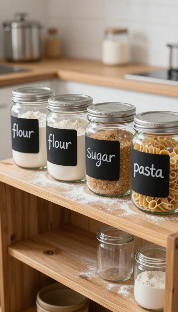 A row of clear glass jars with chalkboard-painted lids labeled in white chalk, sitting on a wooden shelf in a warm, cozy kitchen pantry.