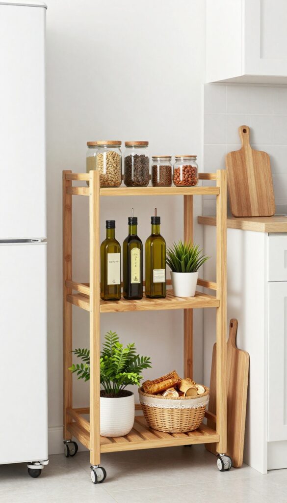 Slim bamboo rolling cart in narrow kitchen gap with organized spices, oils, and snacks, bright natural light