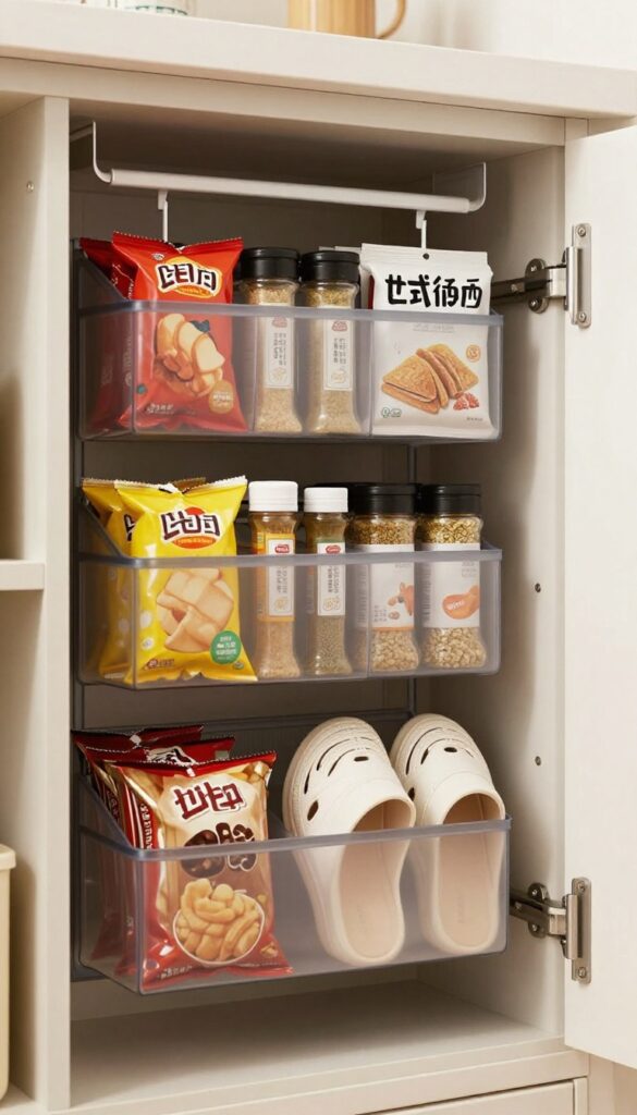 Clear over-the-door shoe organizer on pantry door filled with snacks and seasoning packets