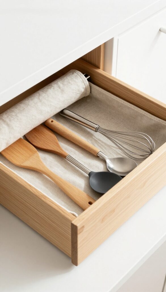 Open kitchen drawer with a linen utensil roll holding wooden and metal cooking tools in neat pockets