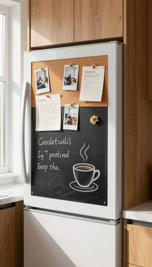 Refrigerator with chalkboard and cork board door covered in notes, photos, and recipes, in a bright kitchen.