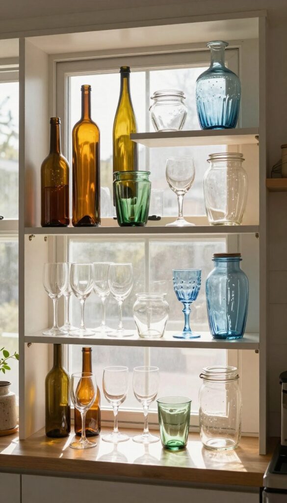 Open kitchen shelves with colorful glassware arranged by color and height, sparkling in natural sunlight.