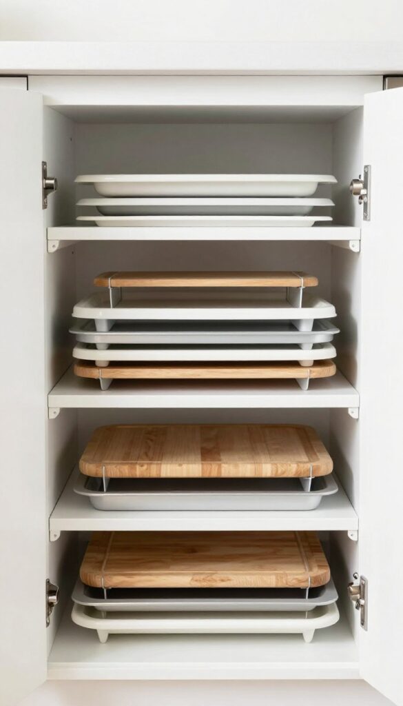 Open kitchen cabinet with a wire magazine file holding cutting boards and baking sheets upright, creating a tidy and organized storage solution.