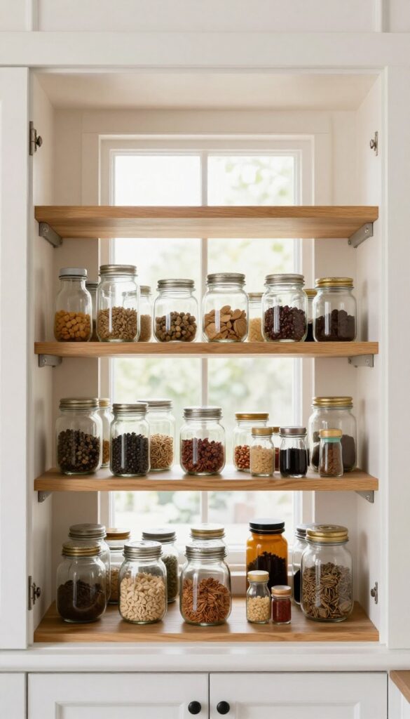Open kitchen cabinet with tiered shelves displaying organized spices and jars in warm natural light.