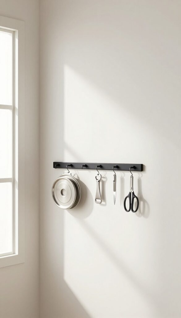 Magnetic strip on pantry wall holding metal lids and small tools