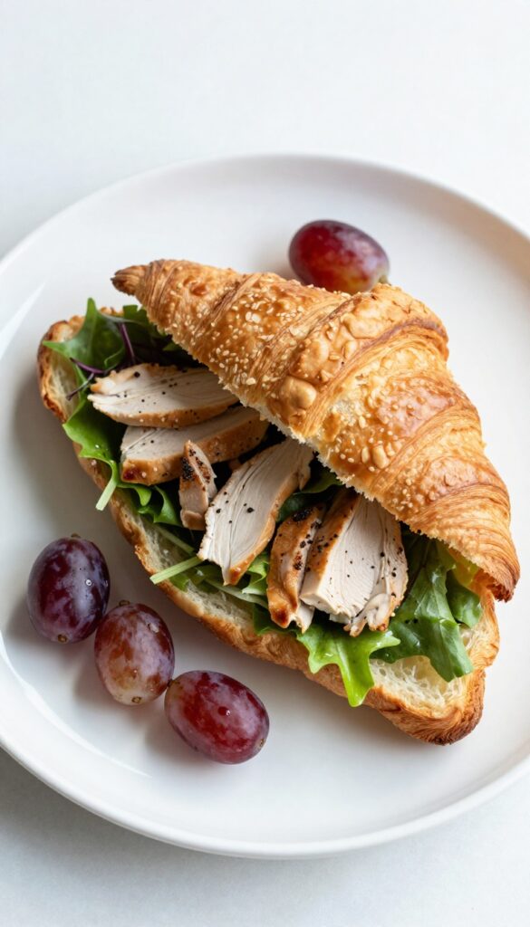 Chicken salad served on a croissant with side salad