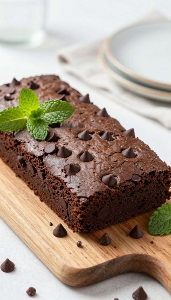 Keto mint chocolate chip brownie on a wooden board with fresh mint and chocolate chips.