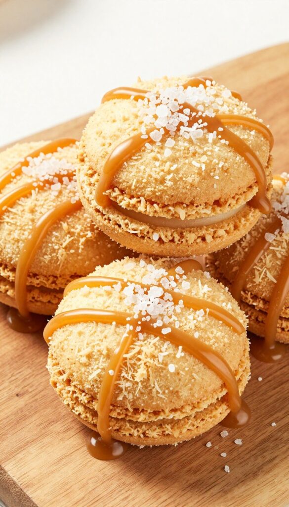 Salted caramel coconut macaroons on a wooden board with caramel drizzle and sea salt flakes.