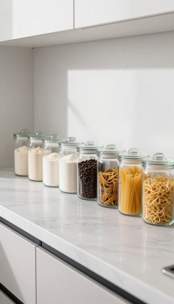 Row of clear glass canisters on kitchen countertop filled with flour, sugar, coffee beans, and pasta for organized storage