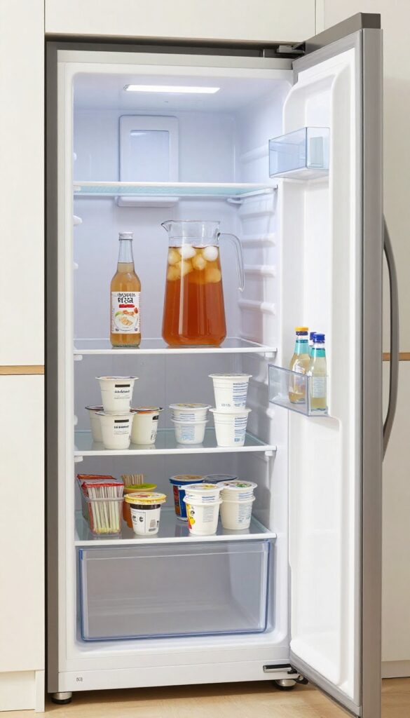 French door fridge with adjustable shelving holding tall bottles and clear bins