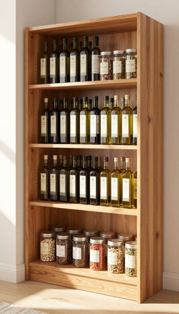 A lazy Susan on a deep pantry shelf, holding bottles and jars neatly arranged for easy access.