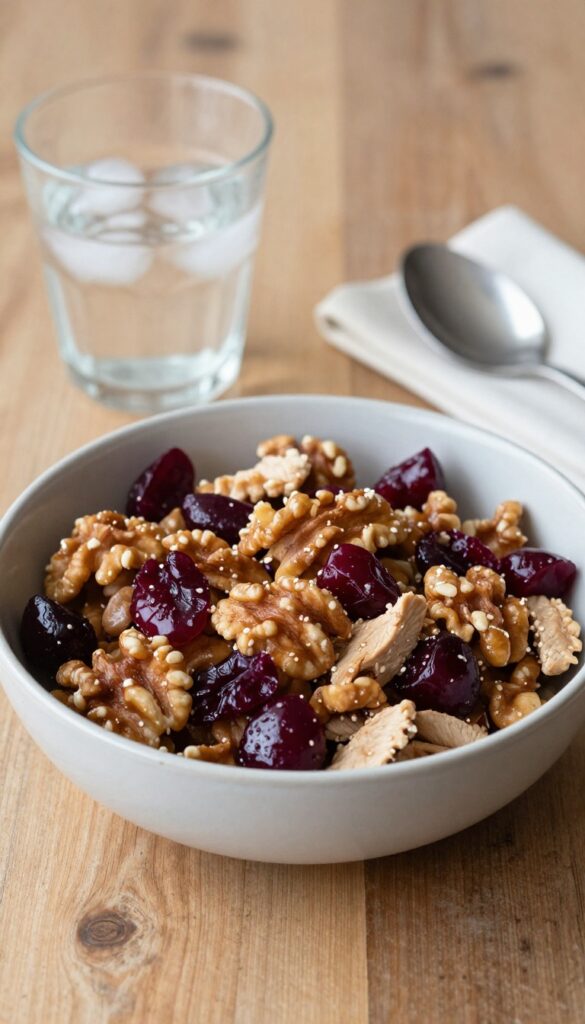 Cranberry walnut chicken salad on a wooden table with a spoon