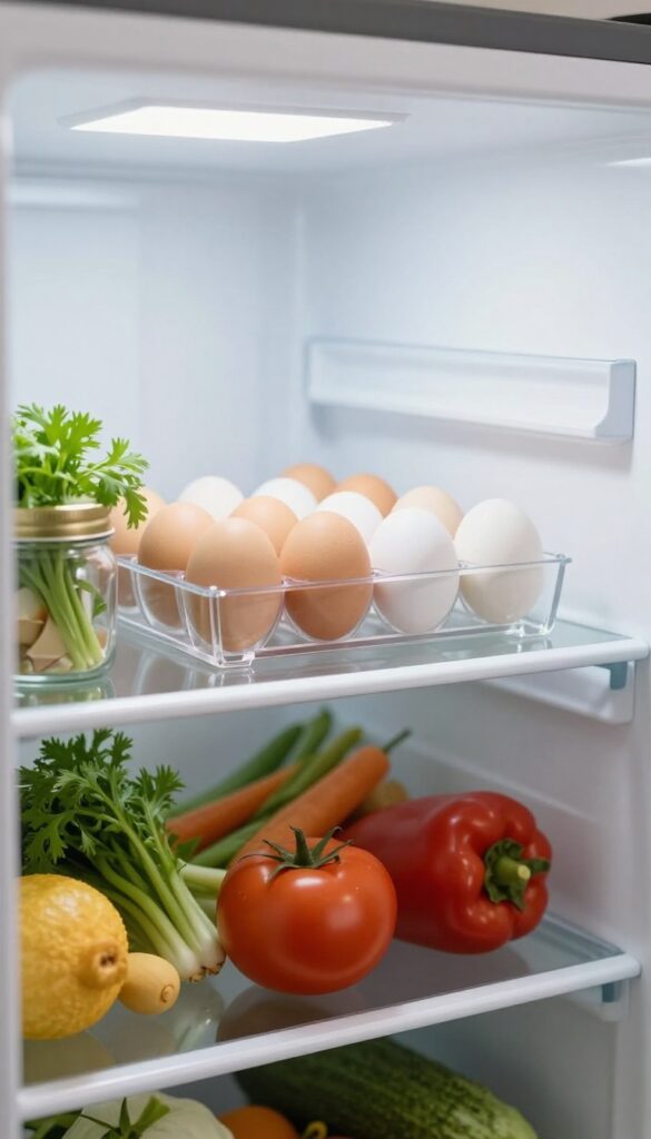 Clear acrylic egg holder in fridge with fresh herbs and vegetables