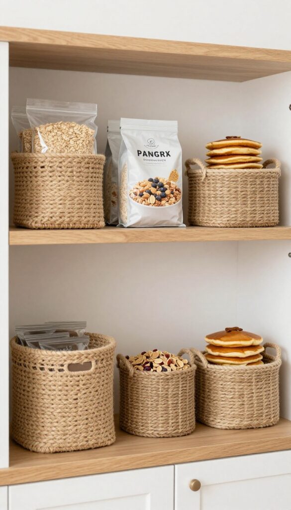Rope baskets on a pantry shelf with breakfast items, natural light, boho style