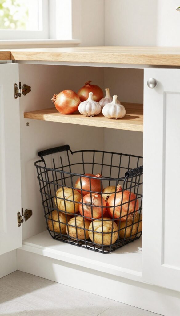 KUNGSFORS wire basket mounted under a shelf in a bright pantry, filled with onions, garlic, and potatoes.