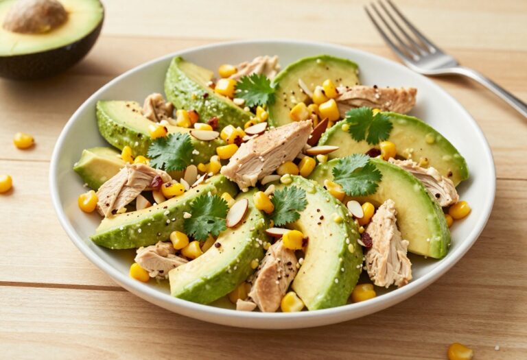 Bowl of avocado chicken salad with toasted corn and almonds on a wooden table