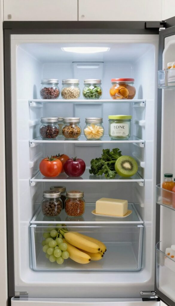 Magnetic shelves on a refrigerator door holding small jars and condiments
