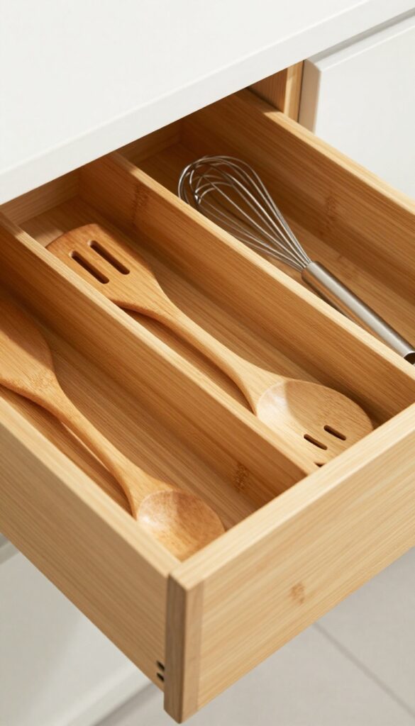 Kitchen drawer with modular bamboo dividers organizing utensils neatly.