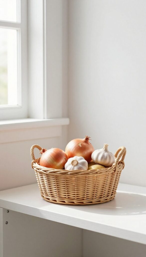A small rattan basket filled with onions and garlic on a pantry shelf, with natural light and clean composition.