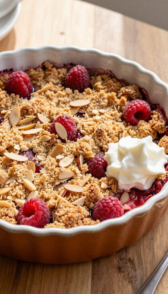Raspberry almond keto crisp in a baking dish with whipped cream on a wooden table