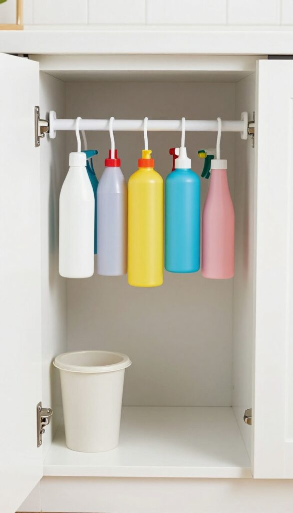 Under-sink cabinet with tension rod holding spray bottles by their triggers, freeing up floor space for bins and trash can.