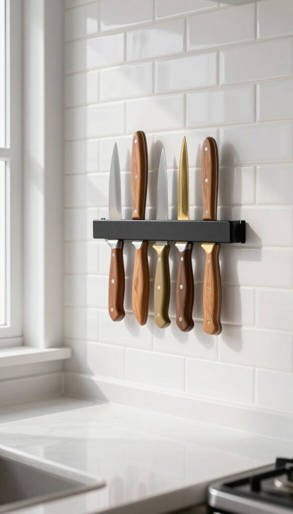 Magnetic knife strip on white tile backsplash with wooden-handled knives in a bright, cozy kitchen.