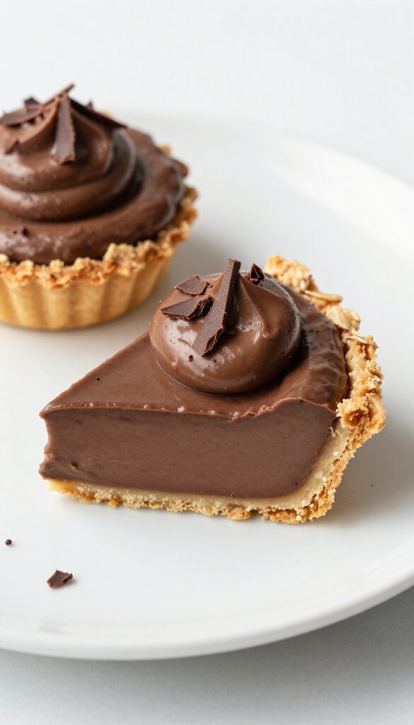 Slice of chocolate cream pie with oat flour crust and whipped cream topping
