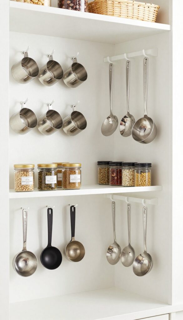 A white pegboard in a pantry holding kitchen utensils and tools, with shelves of dry goods in the background.