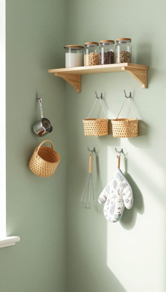 Corner pantry with sage green pegboard on back wall holding kitchen tools and baskets, shelves with jars, bright natural light.