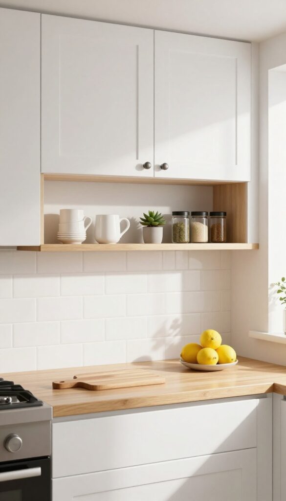 Narrow shelf under upper cabinets in a bright kitchen holding mugs, spice jars, and a plant