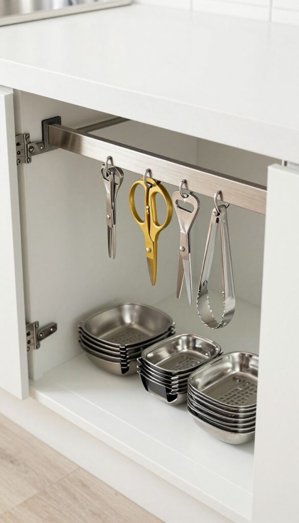 Under sink cabinet door with magnetic strip holding metal kitchen tools like tongs, bottle opener, and scissors