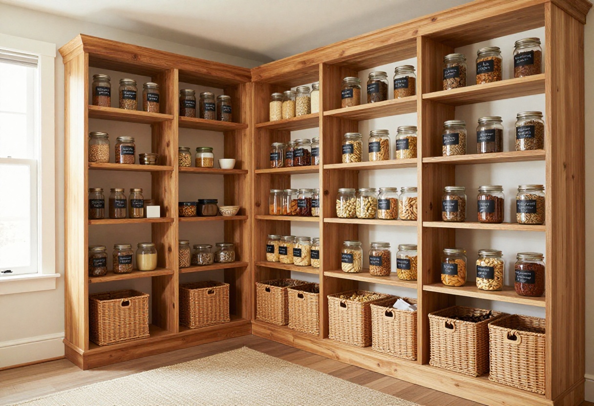Cozy pantry with woven baskets and glass jars on wooden shelves, small rug on floor, natural light.