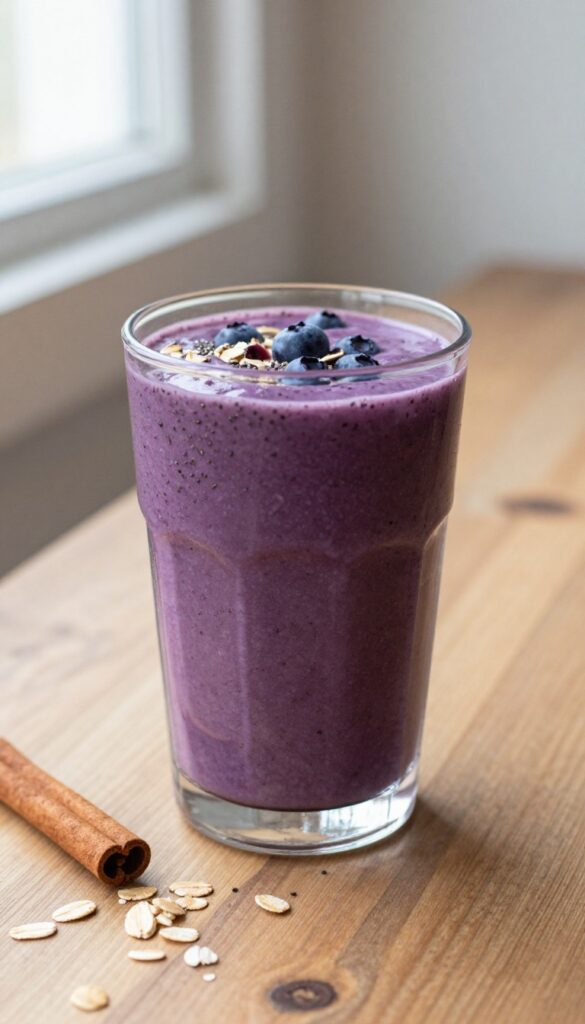 Thick blueberry oat smoothie in a glass with blueberries and oats on a wooden table