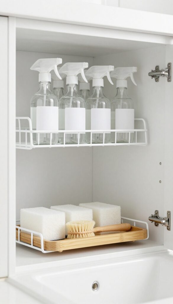 Inside a kitchen sink cabinet with a white wire tiered shelf, clear spray bottles on top tier, bamboo tray with sponges on lower tier, bright natural light