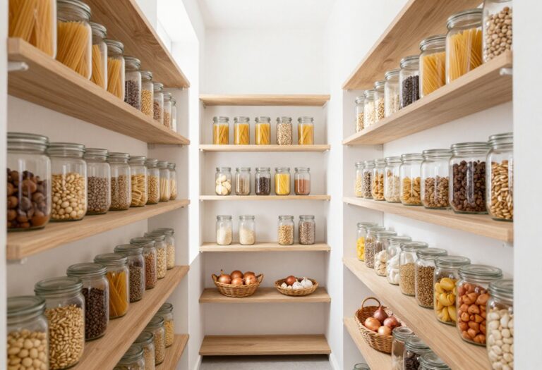 A bright, organized narrow pantry with clear jars and wicker baskets on wooden shelves.