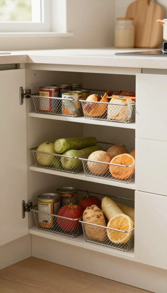 Deep kitchen cabinet with wire pull-out baskets organizing snacks and vegetables