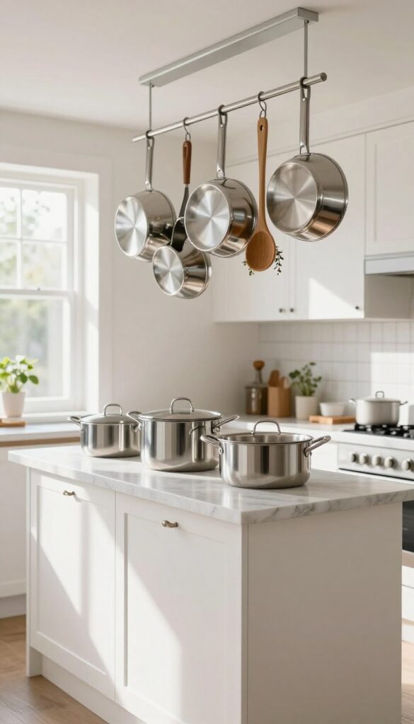 Ceiling-mounted pot rack in a small kitchen with hanging pots and pans
