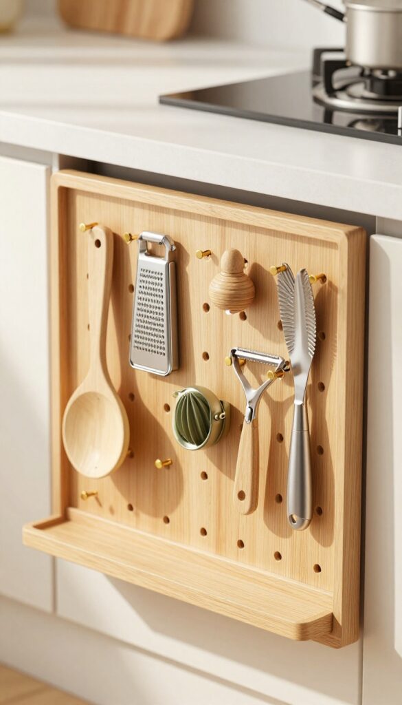 Deep kitchen drawer with wooden pegboard organizing garlic press, peeler, zester, and other odd-shaped tools upright.