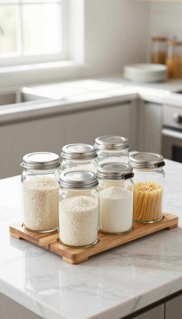 Glass canisters on a tiered stand on a kitchen counter, filled with rice, flour, and pasta, with natural light and a clean, airy aesthetic.