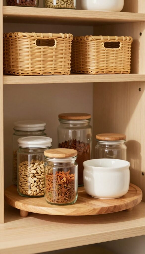 Small pantry corner with a wooden lazy Susan holding glass jars and ceramic containers, organized and illuminated by natural light.
