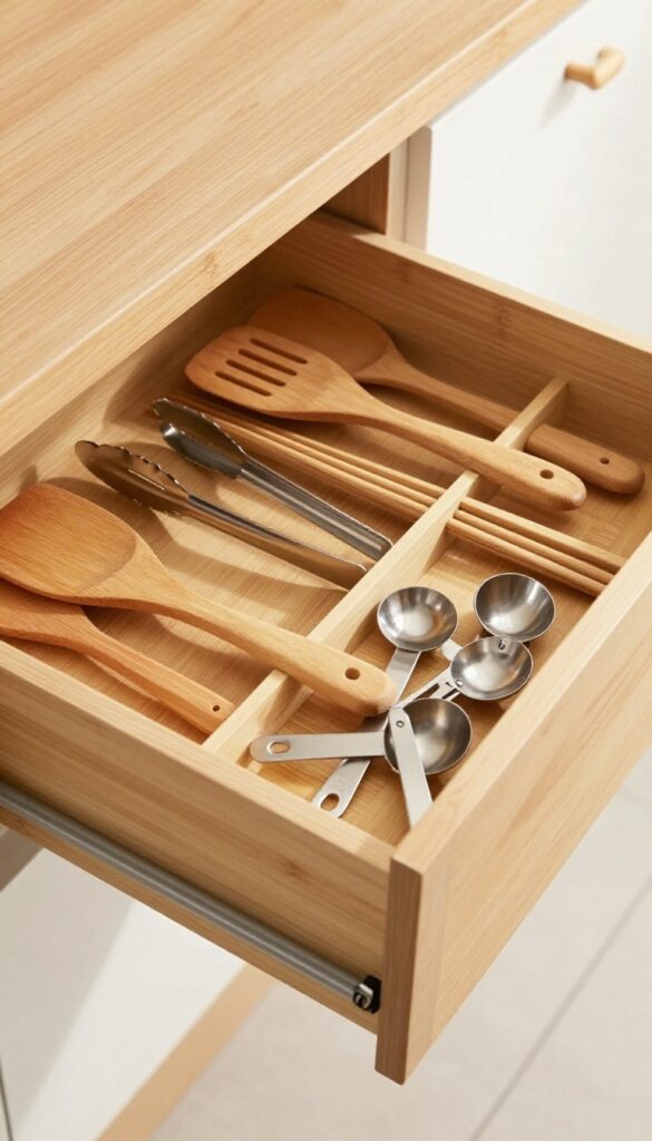 Bamboo drawer dividers organizing kitchen utensils in a clean, well-lit drawer.