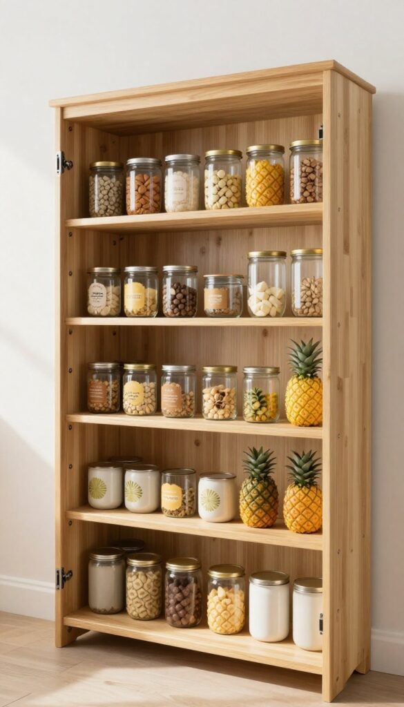 Open pantry with tiered bamboo shelves displaying organized cans and jars in natural light